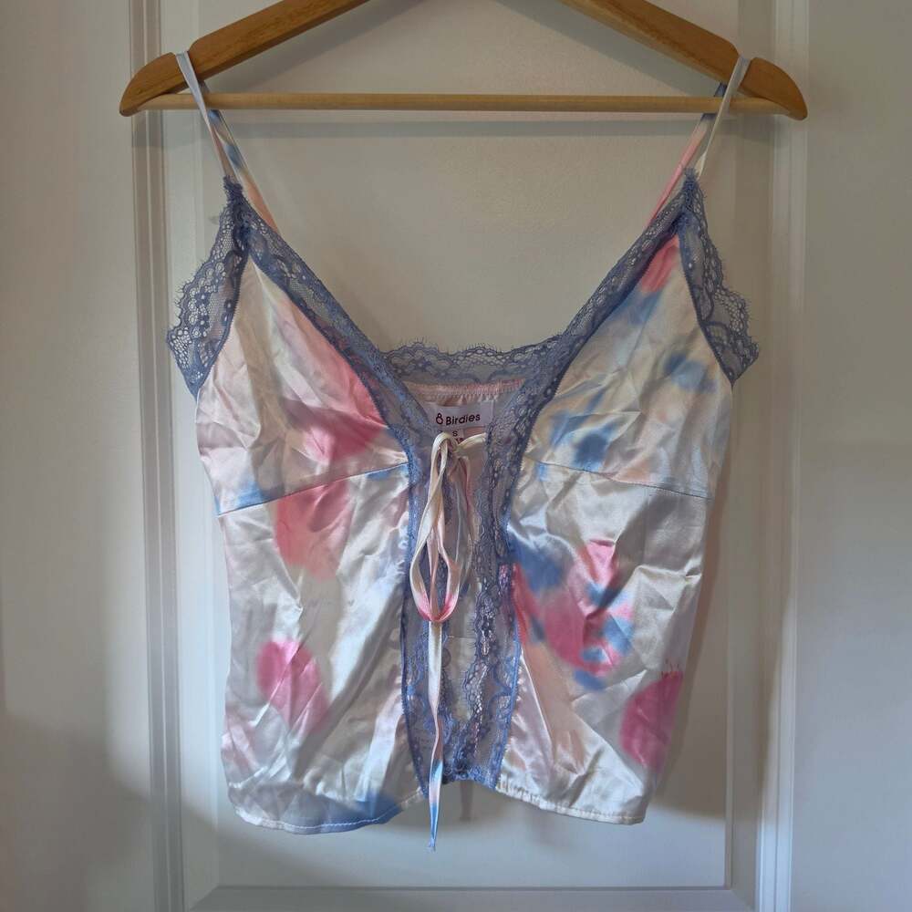 8 Birdies Satin Lace Cami Top S NWT Pink Blue Y2K Lingerie Tie Front